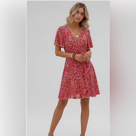 Frenchy Ditsy Floral Print Butterfly Sleeve Ruffle Trim Faux  Wrap Dress - Picture 4 of 9